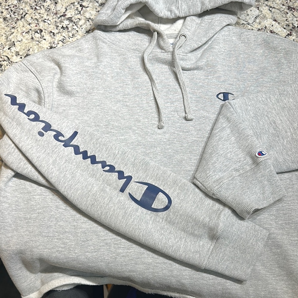 Champion Women’s Cropped Gray Hoodie Sweatshirt Logo Pullover Size Medium - Picture 4 of 8